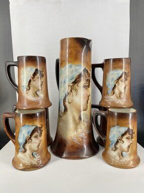 ANTQ WM GUERIN W G & CO LIMOGES FRANCE TANKARD HAND PAINTED Pitcher Mugs Set 7